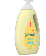 Baby wash and shampoo bottle, light yellow with pump, side view label