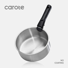 Stainless steel saucepan with black detachable handle, open interior
