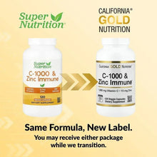 Two California Gold Nutrition C-1000 & Zinc Immune bottles, same formula new label