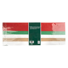 Back of tissue paper pack with red, green, white and gold horizontal bands