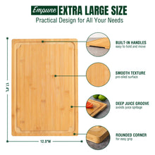 Bamboo cutting board with deep juice groove and built-in handles; smooth cutting surface