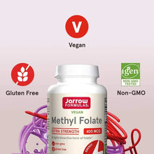 Vegan methyl folate supplement bottle, 400 mcg extra strength, vegan and gluten-free badges