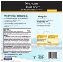 Neutrogena Ultra Sheer SPF 55 dry-touch sunscreen lotion, back panel label