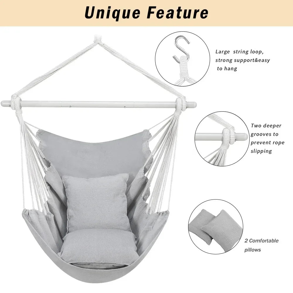 Large Hammock Chair Swing, Relax Hanging Rope Swing Chair with Detachable Metal Support Bar & Two Seat Cushions, Cotton Hammock Chair Swing Seat for Yard Bedroom Patio Porch Indoor Outdoor - USA MEGA SHOP