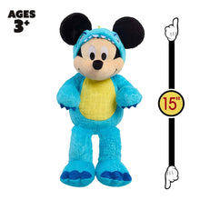 Mickey Mouse plush with blue hood, yellow belly, and raised arm gesture