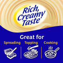 Buttery spread benefit panel: great for spreading, topping, and cooking
