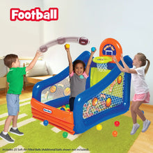 Inflatable blue and orange sports play center with basketball hoop and slide