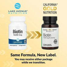 Biotin supplement label comparison card showing two bottles and “Same Formula, New Label.”