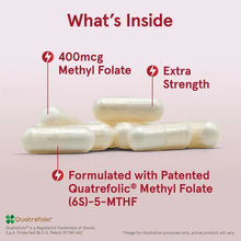 Vegan methyl folate capsules with 'What’s Inside' infographic and dosage callouts