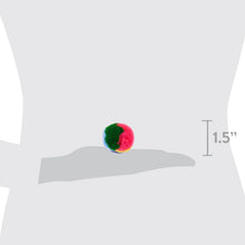 Small fuzzy pom cat toy in red and green, about 1.5 in