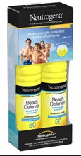 SPF 50 sunscreen spray 2-pack in box with yellow bottles and Beach Defense