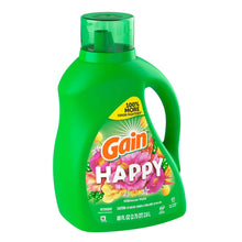 Gain Happy liquid laundry detergent jug with green cap and Hibiscus Hula floral label