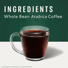 Starbucks Espresso Roast ingredients: whole bean Arabica coffee with mug of brewed coffee