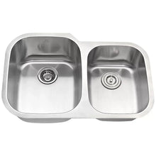 Double-basin kitchen sink with brushed silver finish and two circular drain covers