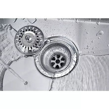 Double sink drains with circular strainers and water droplets