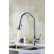 Chrome pull-down kitchen faucet with arched spout and spray head over double sink