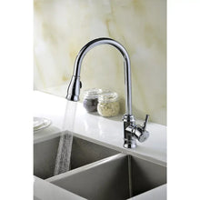 Chrome pull-down kitchen faucet with arched spout and handle, shown at the sink corner