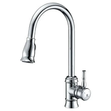 Chrome single-handle kitchen faucet with tall curved spout and pull-down sprayer