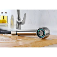 Brushed nickel pull-out spray head with multi-hole nozzle attachment.