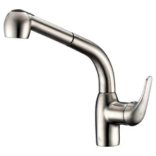 Close-up of brushed nickel single-handle kitchen faucet with curved gooseneck spout.