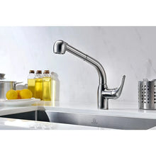 Brushed nickel single-handle kitchen faucet with pull-out spray head and curved spout.