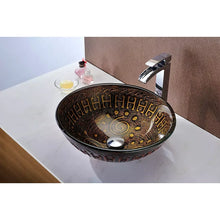 Brown vessel sink with gold etched band, chrome faucet, and glossy interior
