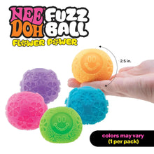 Hand holding five fuzzy flower fidget balls in purple, orange, pink, blue, and green