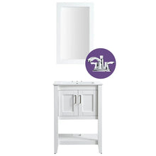 White bathroom vanity set with mirror, cabinet doors, and chrome faucet
