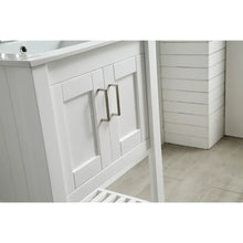 White bathroom vanity cabinet front with two doors and brushed metal handles