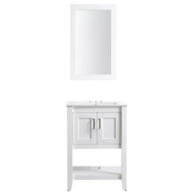 White bathroom vanity cabinet with mirror panel and open lower shelf