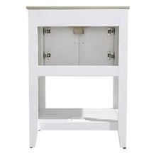 White bathroom vanity cabinet base with exposed hardware and open shelf