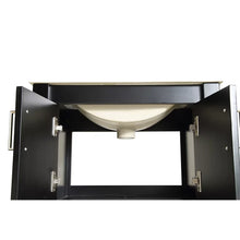 Black bathroom vanity cabinet base with open plumbing area and lower shelf.
