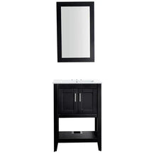 Black 24 in bathroom vanity with white countertop and cabinet doors.