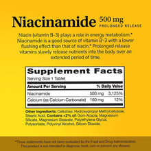 Niacinamide 500 mg prolonged-release Supplement Facts label with serving size 1 tablet.