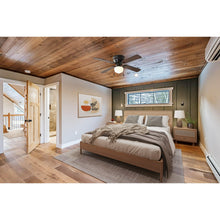 Indoor hugger ceiling fan with light kit and four wood-toned blades