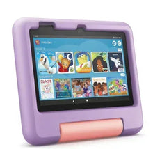 Purple kids tablet case with front display, kickstand bar, and top latch