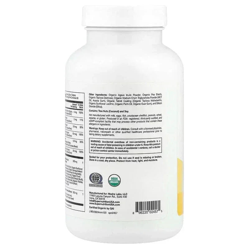 Super Nutrition, Organic Whole Food Men's Multivitamin with Organic Amla Extra, Organic Sunflower Extract, Organic Moringa Extract, and Organic Shiitake Extract, 120 Tablets - USA MEGA SHOP