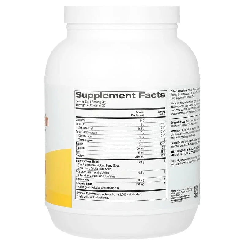 Super Nutrition, Perfect Plant Protein with Pea Protein Isolate, BCAAs, Cranberry Seed, Chia Seed, and Sacha Inchi Seed, 2.2 lbs (1,020 g) - USA MEGA SHOP