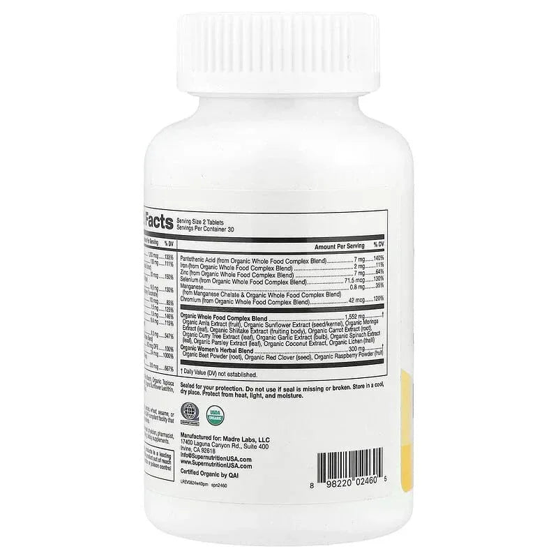 Super Nutrition, Organic Whole Food Women's 40+ Multivitamin with Organic Amla Extract, Organic Sunflower Extract, Organic Moringa Extract, and Organic Shiitake Extract , 60 Tablets