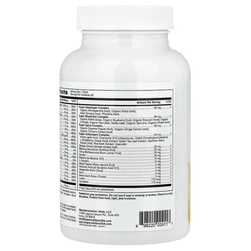 Super Nutrition, Simply One, Men's 50+ Multivitamin with Super Adaptogens, Greens, Spices, & Antioxidant, Iron Free, 90 Tablets