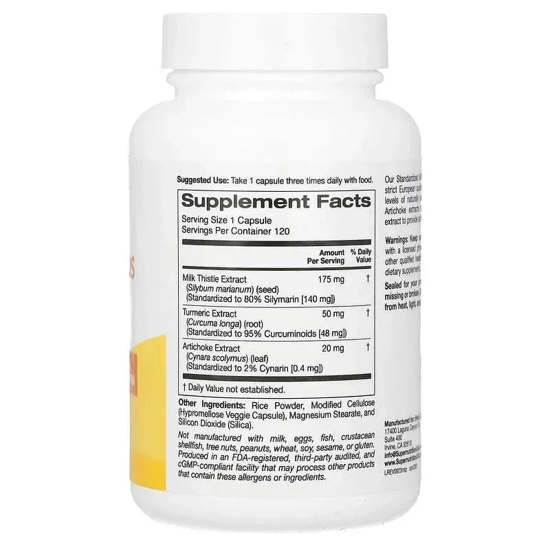 Super Nutrition, Milk Thistle Plus with Turmeric Extract and Artichoke Extract, 175 mg, 120 Veggie Capsules - USA MEGA SHOP