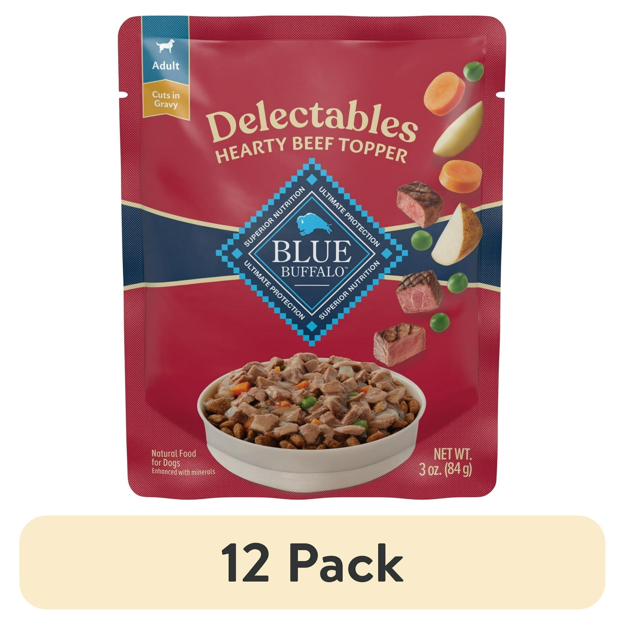 Blue Buffalo Delectables Natural Wet Dog Food Toppers, Hearty Beef, 3-oz Pouch