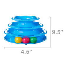Triple-tier blue ball tower toy, 4.5 in wide and 9.5 in tall, with colorful balls