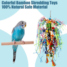 Bird shredding toy with hanging multicolor straw ribbons and bead ornaments