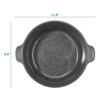 Black speckled skillet with two side handles and a round cooking surface