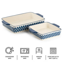 Stoneware square and rectangular bakers with blue patterned sides and handles