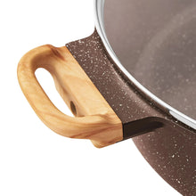Brown speckled saute pan with wood loop side handle and silver rim