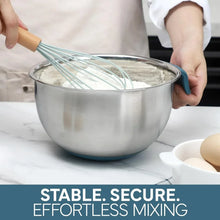 Stainless steel mixing bowl with blue handle grips and whisk used for mixing batter