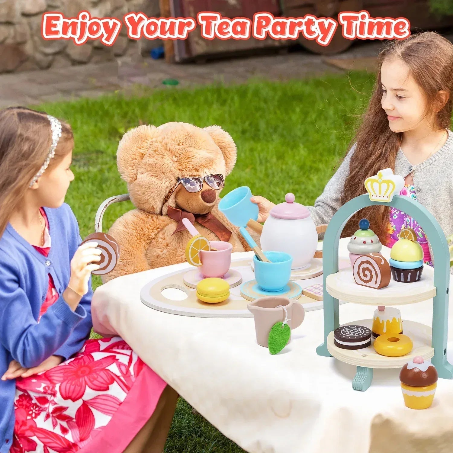 JoyStone Wooden Tea Party Set for Toddlers, Pretend Play Tea Sets for Kids with Storage Cupcake Stand, Wooden Toys Gifts for Girls & Boys - USA MEGA SHOP