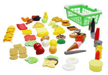 Play food basket set with green shopping basket and assorted plastic food pieces.